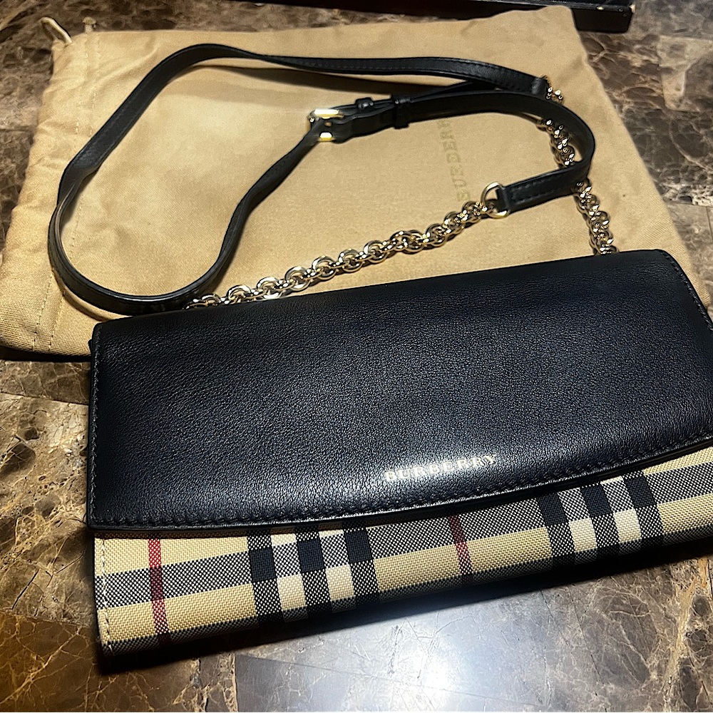 Burberry Black Leather & Vintage Check Crossbody Wallet